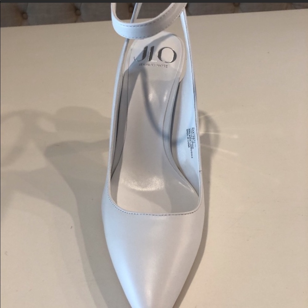 JLO white ankle strap pumps
